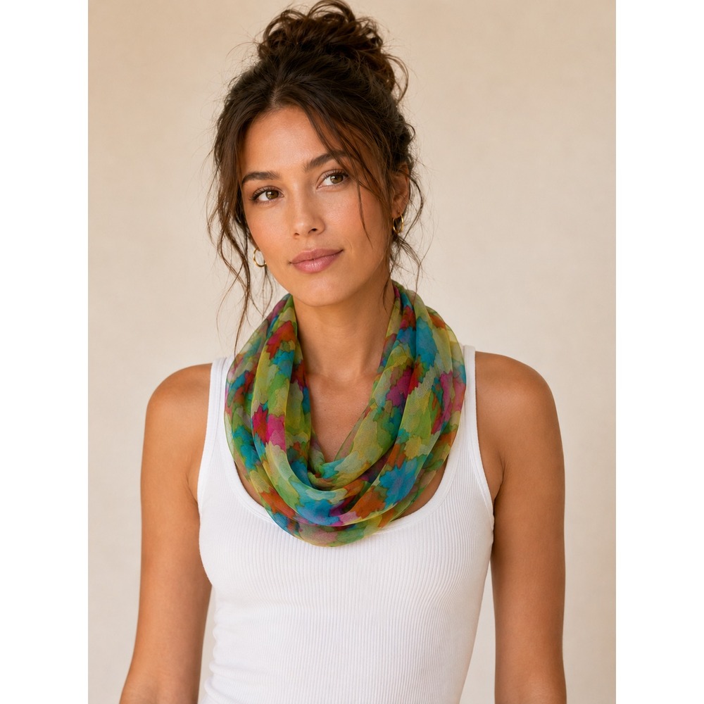 Vtg Glentey Silk Infinity Scarf Womens Green Watercolor Abstract Sheer